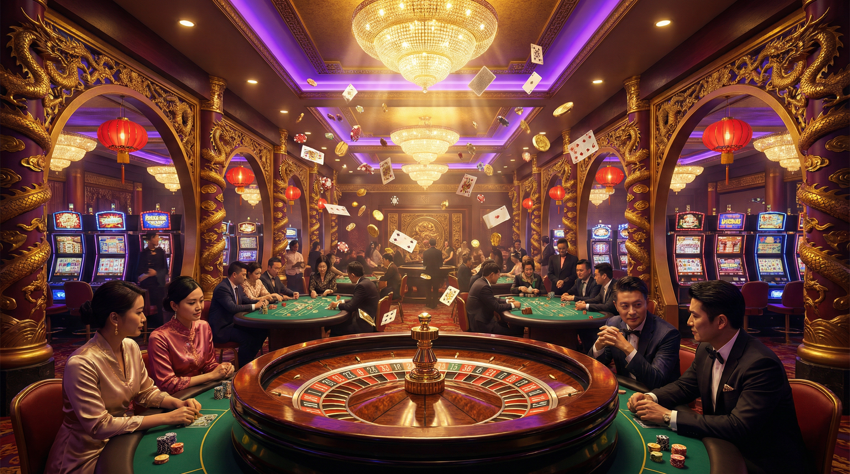 赌博网站豪华博彩大厅展示,包含轮盘、扑克桌和老虎机
